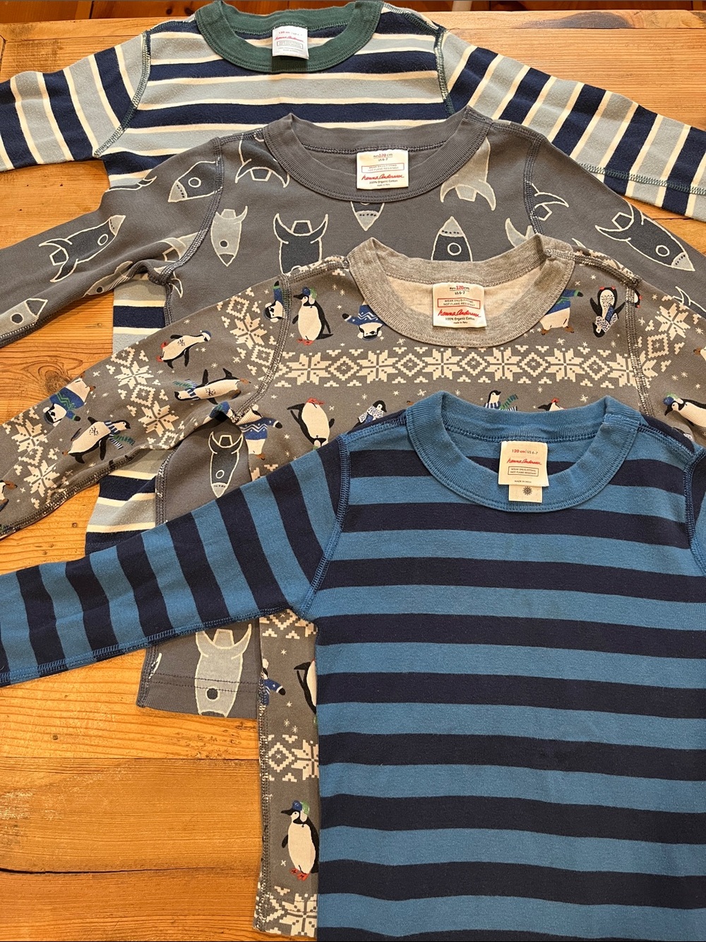Set/4 HANNA ANDERSSON 120 Classic Stripe Penguin Rocketship Baselayer PJ Tops